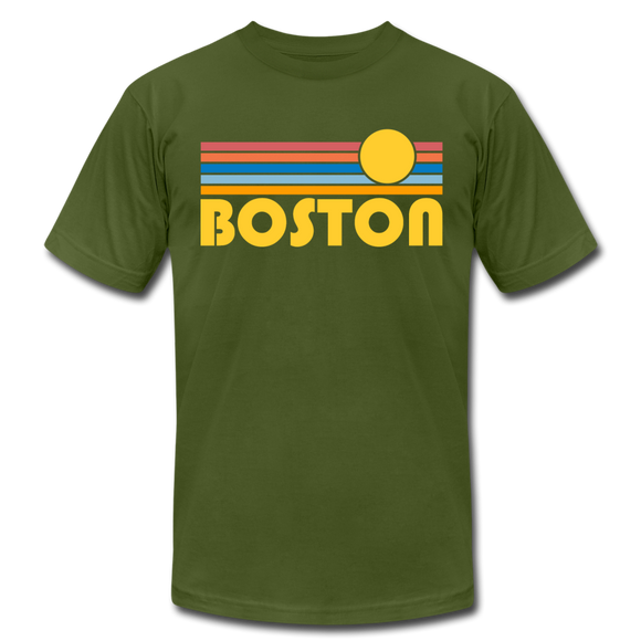 Boston, Massachusetts T-Shirt - Retro Sunrise Unisex Boston T Shirt - olive