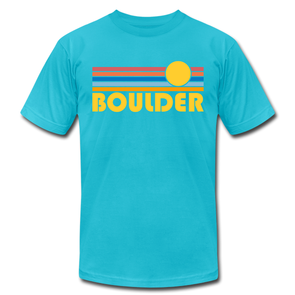 Boulder, Colorado T-Shirt - Retro Sunrise Unisex Boulder T Shirt - turquoise