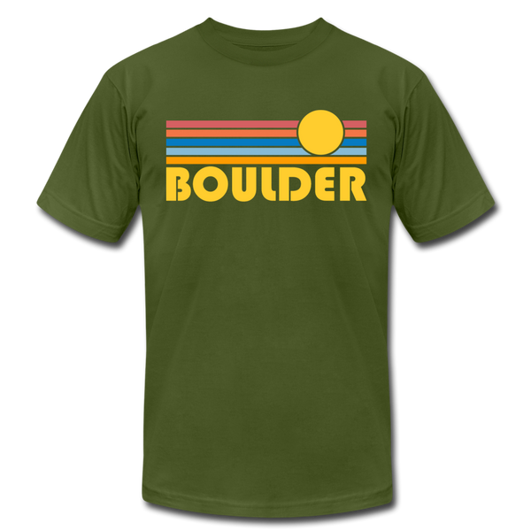 Boulder, Colorado T-Shirt - Retro Sunrise Unisex Boulder T Shirt - olive