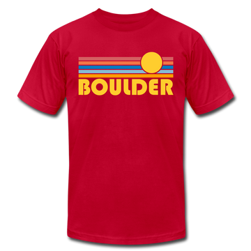 Boulder, Colorado T-Shirt - Retro Sunrise Unisex Boulder T Shirt - red