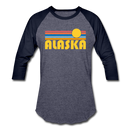 Alaska Baseball T-Shirt - Retro Sunrise Unisex Alaska Raglan T Shirt - heather blue/navy
