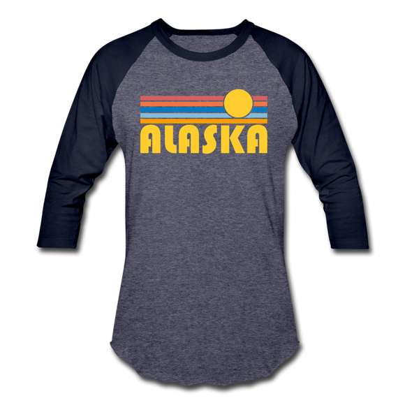 Alaska Baseball T-Shirt - Retro Sunrise Unisex Alaska Raglan T Shirt - heather blue/navy