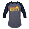 Alaska Baseball T-Shirt - Retro Sunrise Unisex Alaska Raglan T Shirt - heather blue/navy