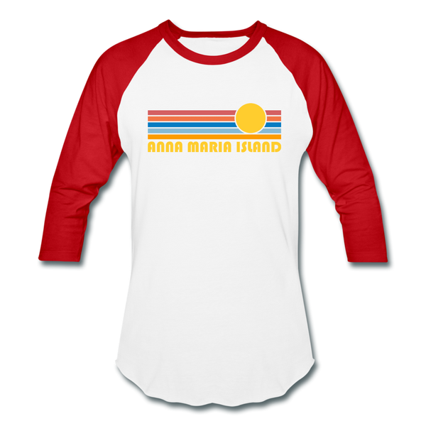 Anna Maria Island, Florida Baseball T-Shirt - Retro Sunrise Unisex Anna Maria Island Raglan T Shirt - white/red