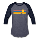 Anna Maria Island, Florida Baseball T-Shirt - Retro Sunrise Unisex Anna Maria Island Raglan T Shirt - heather blue/navy