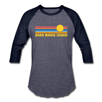 Anna Maria Island, Florida Baseball T-Shirt - Retro Sunrise Unisex Anna Maria Island Raglan T Shirt - heather blue/navy