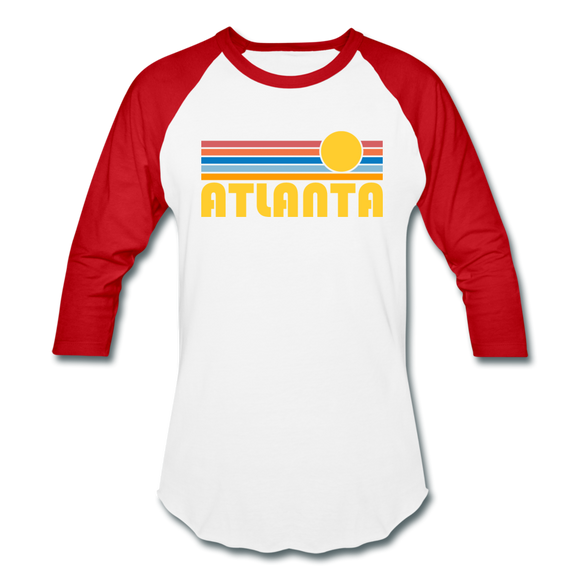 Atlanta, Georgia Baseball T-Shirt - Retro Sunrise Unisex Atlanta Raglan T Shirt - white/red