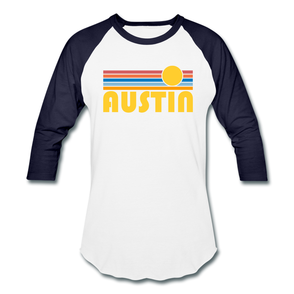Austin, Texas Baseball T-Shirt - Retro Sunrise Unisex Austin Raglan T Shirt - white/navy