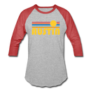 Austin, Texas Baseball T-Shirt - Retro Sunrise Unisex Austin Raglan T Shirt - heather gray/red
