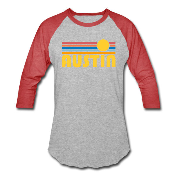 Austin, Texas Baseball T-Shirt - Retro Sunrise Unisex Austin Raglan T Shirt - heather gray/red