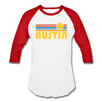 Austin, Texas Baseball T-Shirt - Retro Sunrise Unisex Austin Raglan T Shirt - white/red