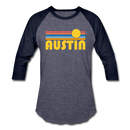 Austin, Texas Baseball T-Shirt - Retro Sunrise Unisex Austin Raglan T Shirt - heather blue/navy
