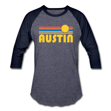 Austin, Texas Baseball T-Shirt - Retro Sunrise Unisex Austin Raglan T Shirt - heather blue/navy