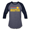 Austin, Texas Baseball T-Shirt - Retro Sunrise Unisex Austin Raglan T Shirt - heather blue/navy