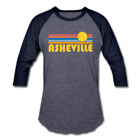 Asheville, North Carolina Baseball T-Shirt - Retro Sunrise Unisex Asheville Raglan T Shirt - heather blue/navy