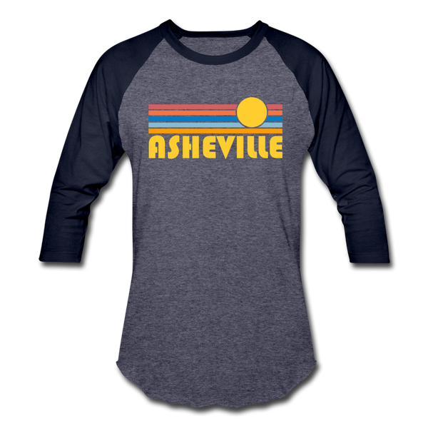 Asheville, North Carolina Baseball T-Shirt - Retro Sunrise Unisex Asheville Raglan T Shirt - heather blue/navy