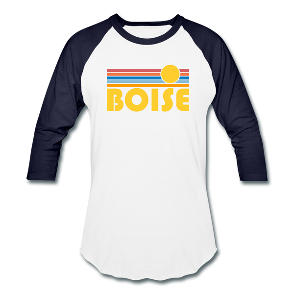 Boise, Idaho Baseball T-Shirt - Retro Sunrise Unisex Boise Raglan T Shirt - white/navy