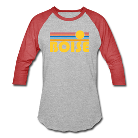 Boise, Idaho Baseball T-Shirt - Retro Sunrise Unisex Boise Raglan T Shirt - heather gray/red