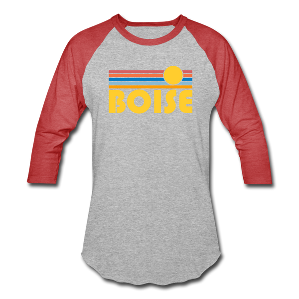 Boise, Idaho Baseball T-Shirt - Retro Sunrise Unisex Boise Raglan T Shirt - heather gray/red