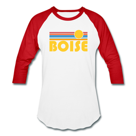 Boise, Idaho Baseball T-Shirt - Retro Sunrise Unisex Boise Raglan T Shirt - white/red