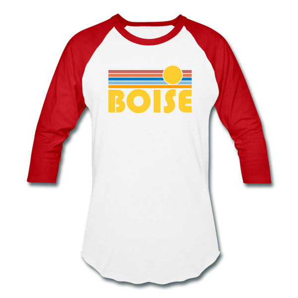 Boise, Idaho Baseball T-Shirt - Retro Sunrise Unisex Boise Raglan T Shirt - white/red