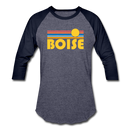 Boise, Idaho Baseball T-Shirt - Retro Sunrise Unisex Boise Raglan T Shirt - heather blue/navy