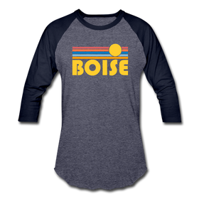 Boise, Idaho Baseball T-Shirt - Retro Sunrise Unisex Boise Raglan T Shirt - heather blue/navy