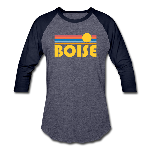 Boise, Idaho Baseball T-Shirt - Retro Sunrise Unisex Boise Raglan T Shirt - heather blue/navy