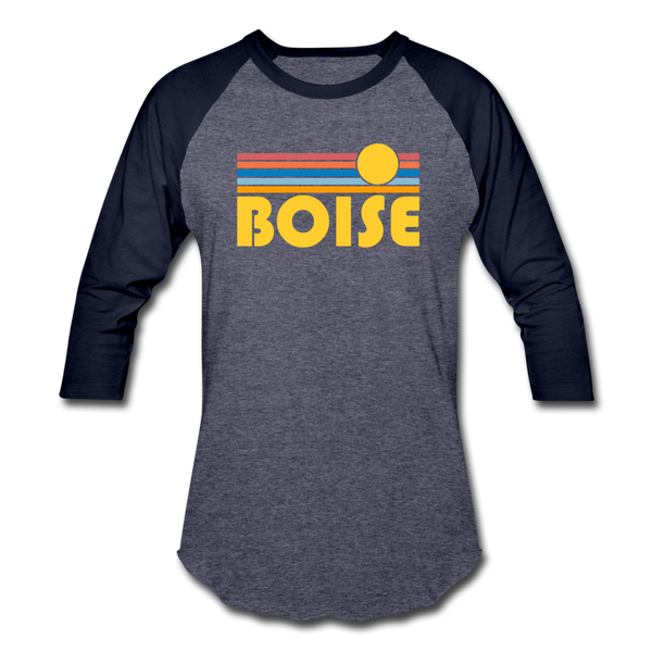 Boise, Idaho Baseball T-Shirt - Retro Sunrise Unisex Boise Raglan T Shirt - heather blue/navy
