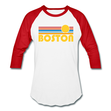 Boston, Massachusetts Baseball T-Shirt - Retro Sunrise Unisex Boston Raglan T Shirt - white/red