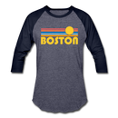 Boston, Massachusetts Baseball T-Shirt - Retro Sunrise Unisex Boston Raglan T Shirt - heather blue/navy