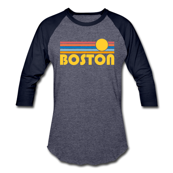 Boston, Massachusetts Baseball T-Shirt - Retro Sunrise Unisex Boston Raglan T Shirt - heather blue/navy