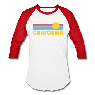 California Baseball T-Shirt - Retro Sunrise Unisex California Raglan T Shirt - white/red
