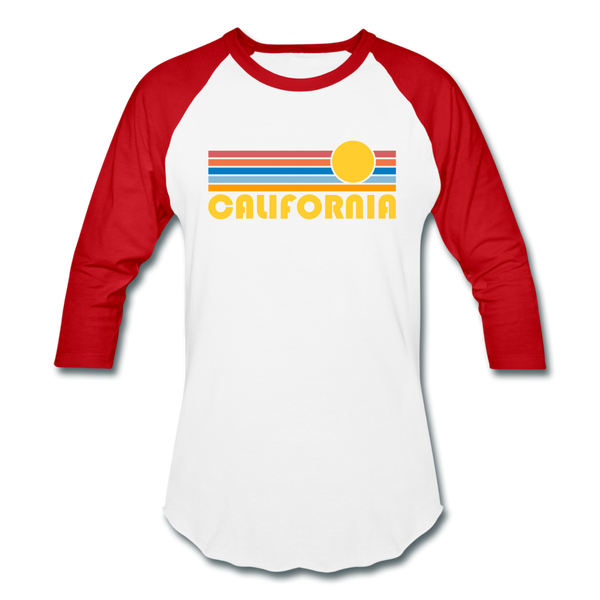 California Baseball T-Shirt - Retro Sunrise Unisex California Raglan T Shirt - white/red