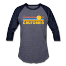 California Baseball T-Shirt - Retro Sunrise Unisex California Raglan T Shirt - heather blue/navy