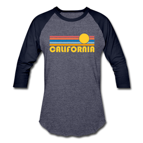 California Baseball T-Shirt - Retro Sunrise Unisex California Raglan T Shirt - heather blue/navy