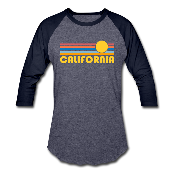 California Baseball T-Shirt - Retro Sunrise Unisex California Raglan T Shirt - heather blue/navy