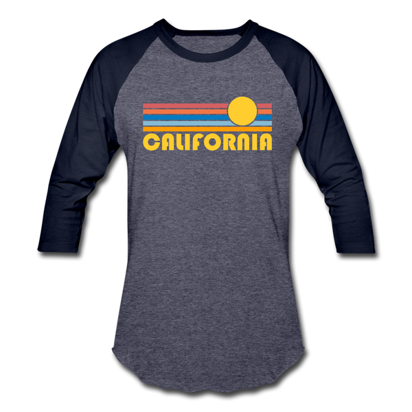 California Baseball T-Shirt - Retro Sunrise Unisex California Raglan T Shirt - heather blue/navy