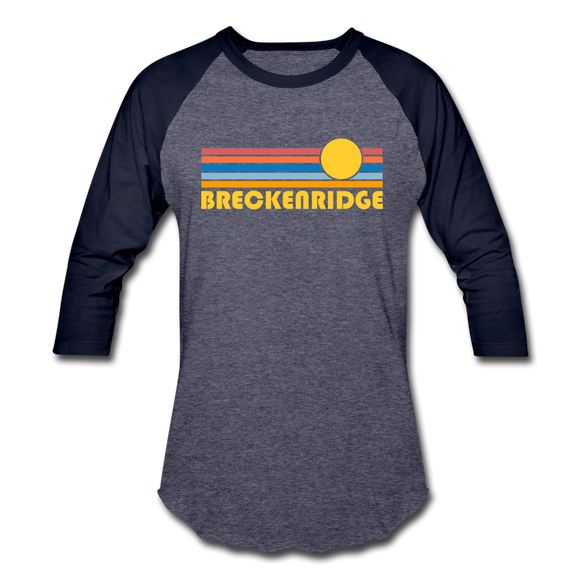 Breckenridge, Colorado Baseball T-Shirt - Retro Sunrise Unisex Breckenridge Raglan T Shirt - heather blue/navy