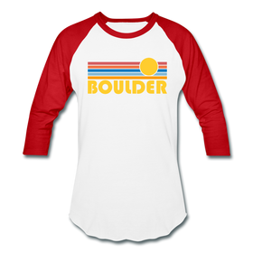 Boulder, Colorado Baseball T-Shirt - Retro Sunrise Unisex Boulder Raglan T Shirt - white/red