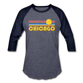 Chicago, Illinois Baseball T-Shirt - Retro Sunrise Unisex Chicago Raglan T Shirt - heather blue/navy