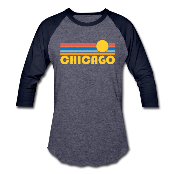 Chicago, Illinois Baseball T-Shirt - Retro Sunrise Unisex Chicago Raglan T Shirt - heather blue/navy