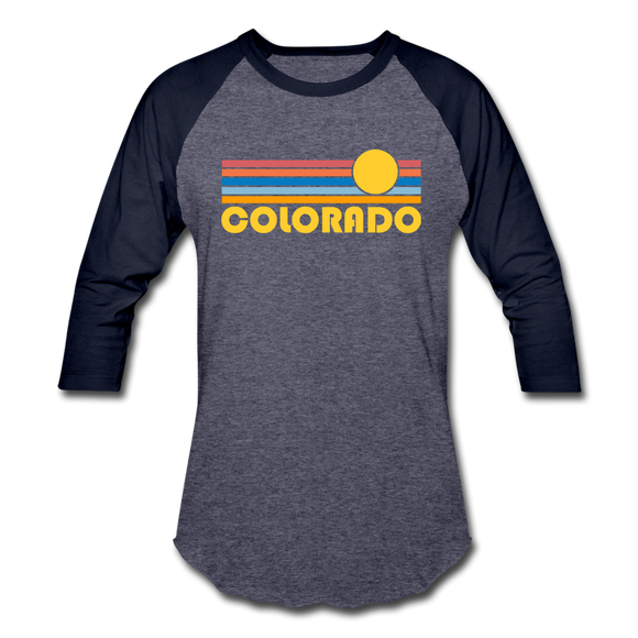Colorado Baseball T-Shirt - Retro Sunrise Unisex Colorado Raglan T Shirt - heather blue/navy