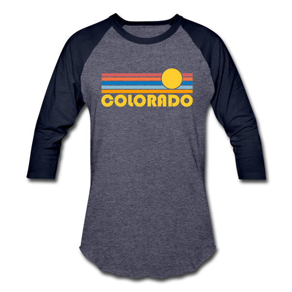 Colorado Baseball T-Shirt - Retro Sunrise Unisex Colorado Raglan T Shirt - heather blue/navy