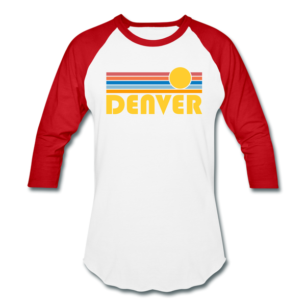 Denver, Colorado Baseball T-Shirt - Retro Sunrise Unisex Denver Raglan T Shirt - white/red