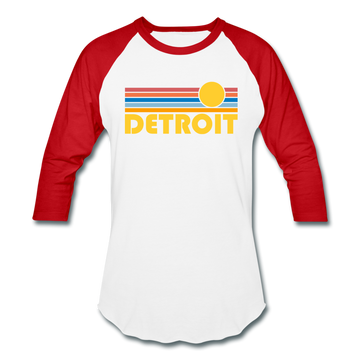 Detroit, Michigan Baseball T-Shirt - Retro Sunrise Unisex Detroit Raglan T Shirt - white/red