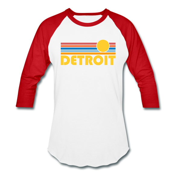 Detroit, Michigan Baseball T-Shirt - Retro Sunrise Unisex Detroit Raglan T Shirt - white/red