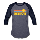 Detroit, Michigan Baseball T-Shirt - Retro Sunrise Unisex Detroit Raglan T Shirt - heather blue/navy