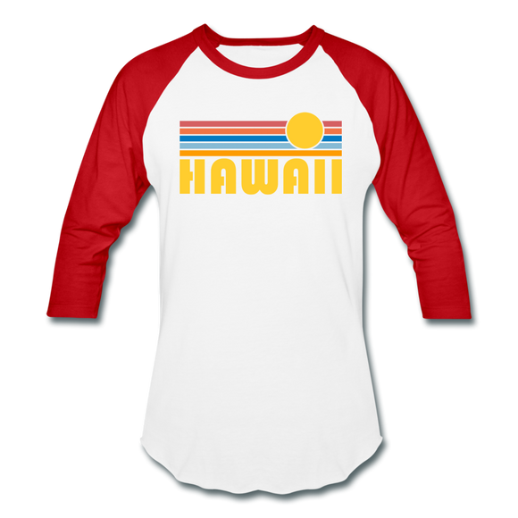 Hawaii Baseball T-Shirt - Retro Sunrise Unisex Hawaii Raglan T Shirt - white/red