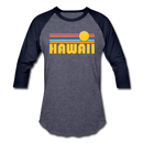 Hawaii Baseball T-Shirt - Retro Sunrise Unisex Hawaii Raglan T Shirt - heather blue/navy